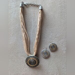 Beige and Gold Statement Pendant Necklace & Earring Set - Women Jewelry